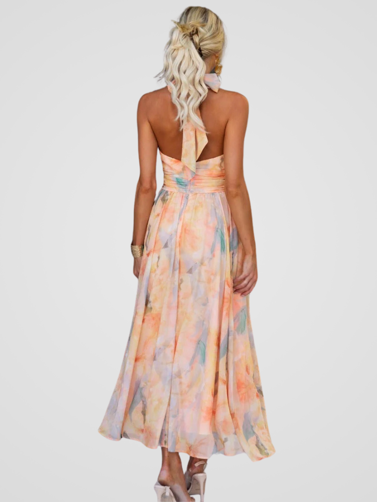 Zarah - Halter-Neck Aquarell Print Maxi Kleid