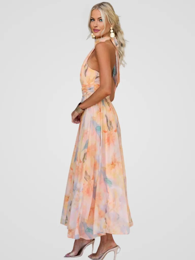 Zarah - Halter-Neck Aquarell Print Maxi Kleid